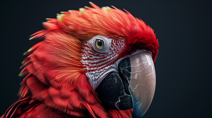 Fototapeta premium Close-up of a vibrant red macaw parrot with intricate feather details and a sharp, intense gaze against a dark background.