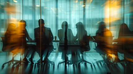 Long exposure shot. Silhouetted Figures Engaged in Thoughtful Exchange in a Contemporary Conference Room Setting