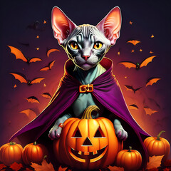 Fototapeta premium Spooky Sphynx Cat in Halloween Costume with Jack-o'-Lantern