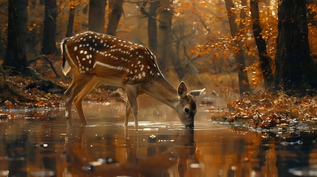 A deer is drinking water from a stream in a forest