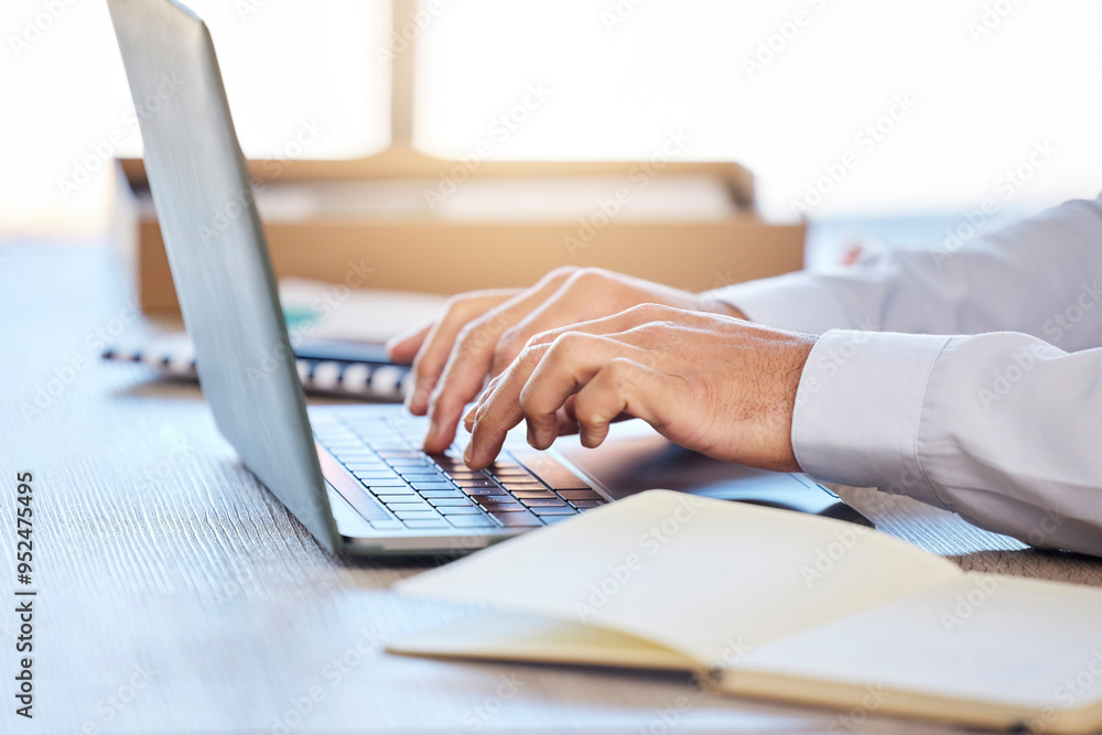 Poster business, hands and man with laptop, typing and notebook with email, feedback for project and review