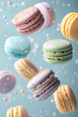 Beautifully Colorful Macarons Elegantly Flying Against a Bright Blue Background in Artistry