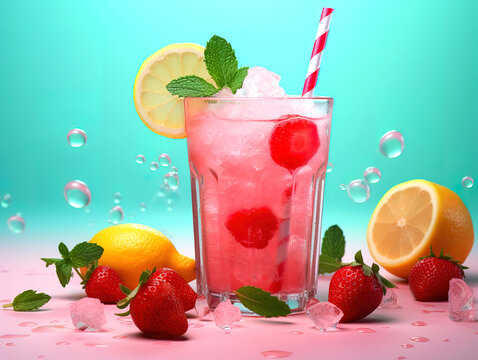 Fresh healthy limonate cocktail with crushed ice, strawberry and mint on pinkbackground