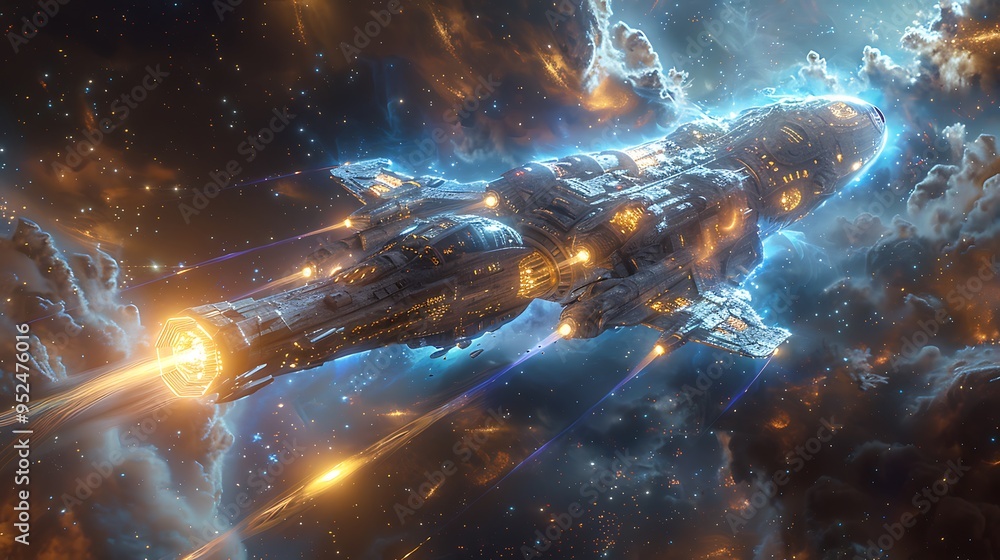 Poster futuristic spaceship flying through a nebula with glowing lights and stars in the background.