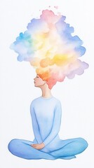 Watercolor illustration of a person meditating with a colorful cloud above their head, symbolizing creative thoughts and inner peace.