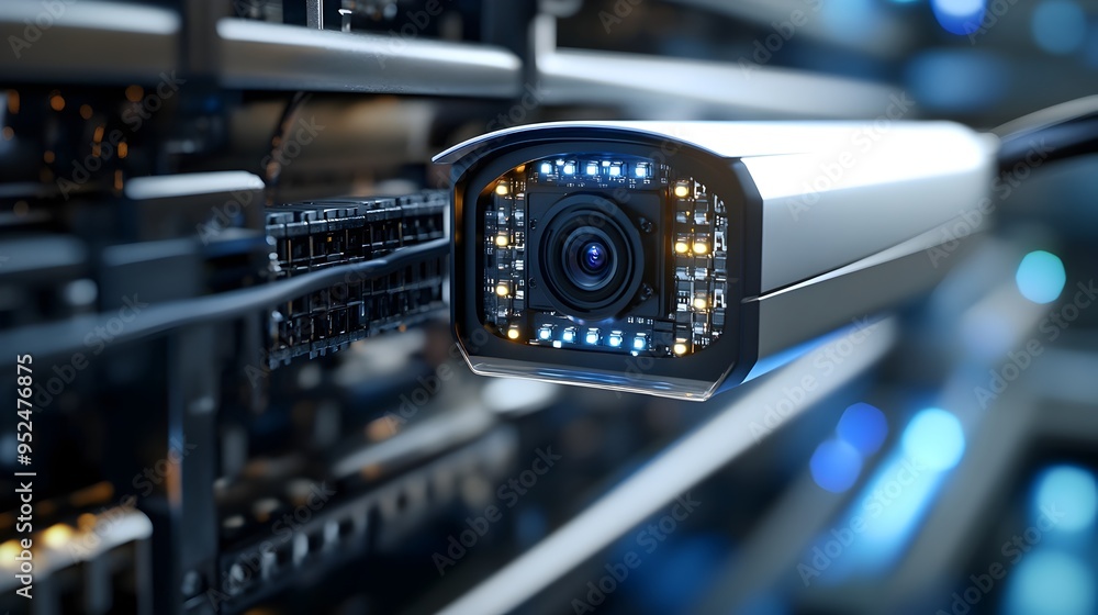 Poster close up 3d rendering of cctv with detailed rj45 ethernet connector