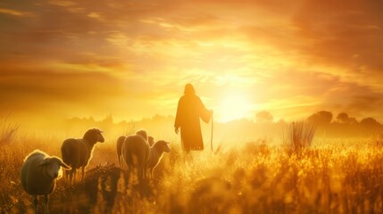 Obraz premium Shepherd Jesus Christ leading the flock and praying to Jehovah God and bright light sun and Jesus silhouette background in the field