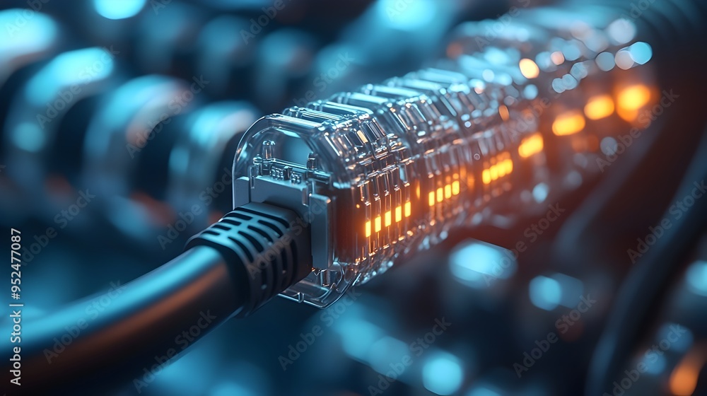 Poster crimped rj45 ethernet cable with connector for network setup and installation
