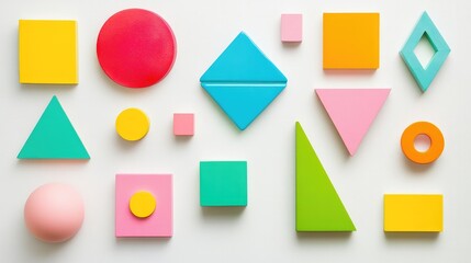 A flat lay of geometric shapes in vibrant colors arranged on a white background, perfect for modern design inspiration