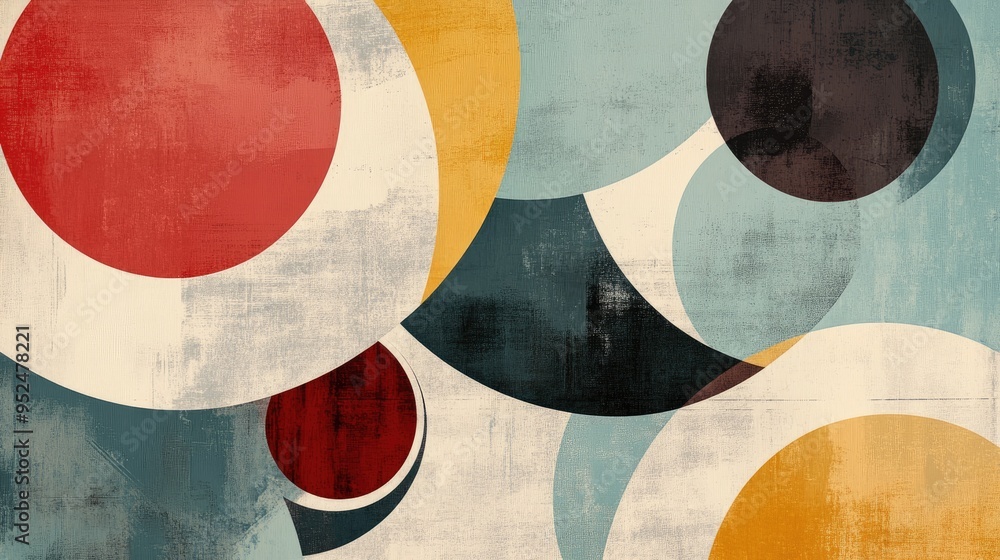 Poster a minimalist abstract design with overlapping circles and lines, creating a sense of movement and fl