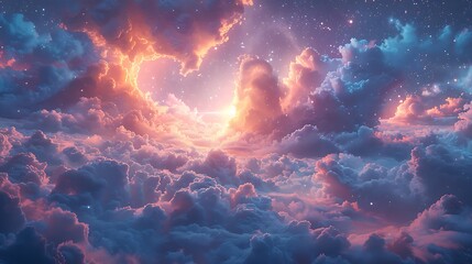 Obraz premium A celestial landscape with a heart-shaped glow in the clouds.