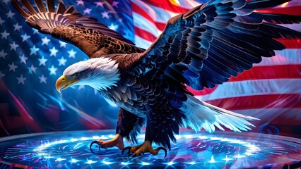 Majestic bald eagle soaring with American flag background, symbolizing patriotism and freedom. Generative AI