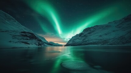 Naklejka premium The Northern Lights cast a stunning glow across the night sky, illuminating snow-covered mountains and a peaceful lake, where the vibrant green auroras are beautifully reflected.