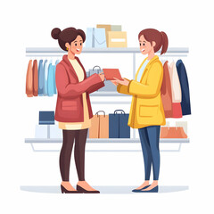 Obraz premium Flat Shopper Helping Friend Choose Clothes concept as Candid shot of a shopper helping a friend choose clothes in a store during Black Friday capturing the social and supportive aspect of shopping wit
