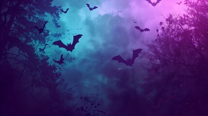 bats flying in a neon forest