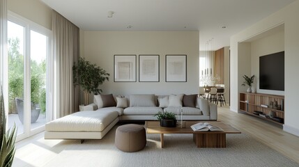Bright modern living room with cozy neutral tones, soft textures, and stylish decor, offering a serene and inviting atmosphere