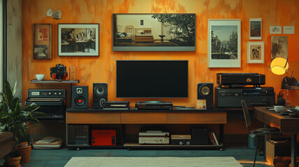 A modern living room where vintage analogue devices blend seamlessly with contemporary tech, highlighting the harmony between timeless and modern experiences.