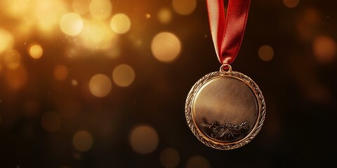 Gold medal with red ribbon, bokeh background.