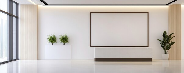 Minimalist office lobby with sleek design and corporate branding, highend commercial property