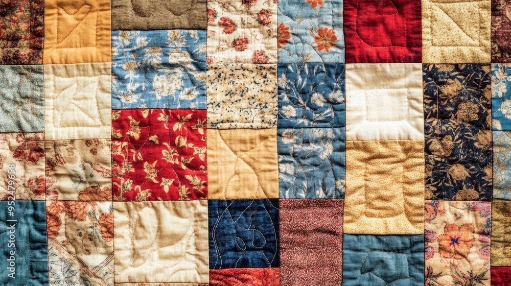 Poster a classic american quilt design featuring a repeating pattern of patchwork squares in various colors