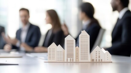 Real estate management team discussing property portfolios in a modern boardroom