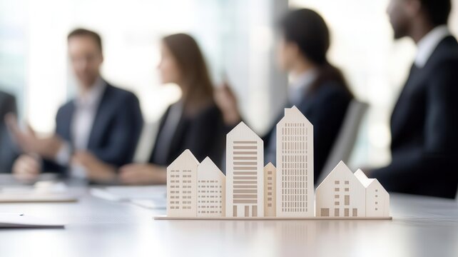 Real estate management team discussing property portfolios in a modern boardroom