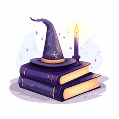 Obraz premium Flat Witchs Grimoire and Candle with Spell Text concept as An isolated vector featuring an open witchs grimoire and a candle with the word Spell in a mystical font. The elements are set against a whit