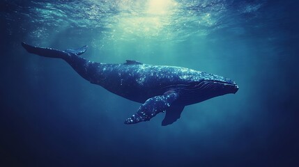 Majestic Whale Silhouette in Deep Ocean Depths Double Exposure - Photorealistic Mysterious Atmosphere with Soft Lighting