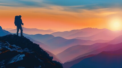 Fototapeta premium Silhouette of a Hiker on a Mountain Peak at Sunset