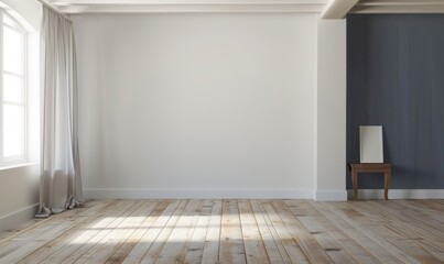Empty scene, wooden floor, there is a solid color carpet on the floor, pure white background wall, there is a painting on the wall, minimalist space, just the right contrast color, real light and shad