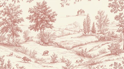 A classic French toile de Jouy wallpaper featuring pastoral scenes in a single color, such as blue or red, set against a light background. The scenes depict rural life, with detailed illustrations of