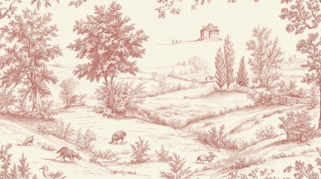 A classic French toile de Jouy wallpaper featuring pastoral scenes in a single color, such as blue or red, set against a light background. The scenes depict rural life, with detailed illustrations of