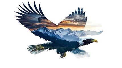 Fototapeta premium Majestic Eagle Silhouette Soaring over Mountains in Photorealistic Double Exposure with Soft Lighting