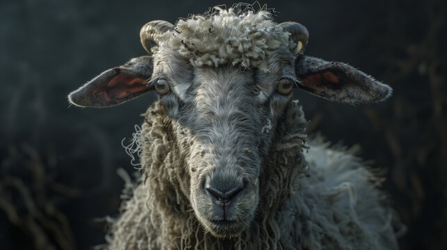 Close-up of a sheep with curly wool and a focused gaze, standing out against a dark, textured background, highlighting its intricate fur patterns and sharp features.