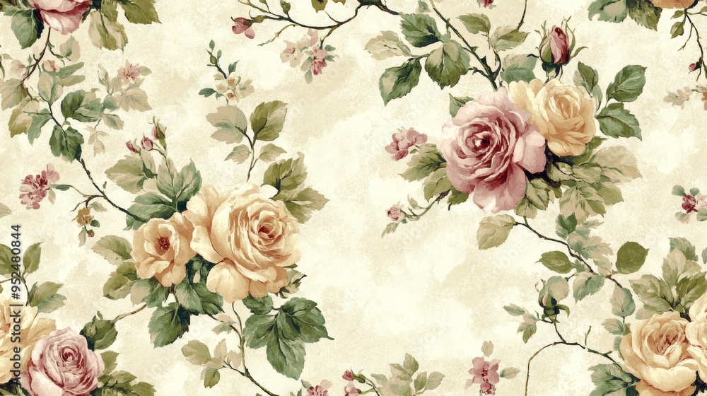 Poster a classic victorian wallpaper featuring ornate patterns of roses and vines in soft, muted colors. th