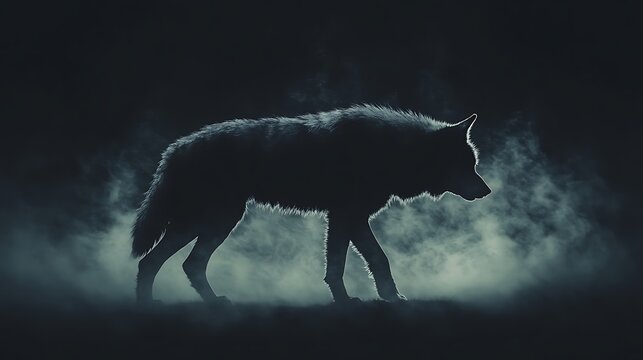 Majestic Wolf in Double Exposure Silhouette Against Night Sky with Cinematic Lighting, Predatory Atmosphere