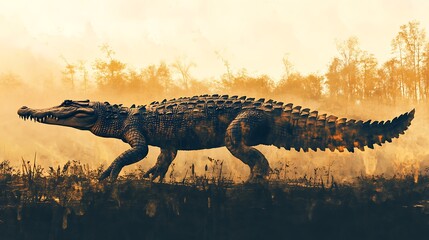 Sinister Silhouette of a Crocodile in a Murky Swamp Double Exposure - Hyper-Realistic Predatory Atmosphere with Eerie Lighting