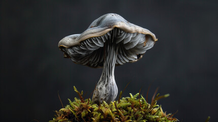 Detailed close-up of a solitary mushroom with a textured cap and gills, emerging from a lush, green mossy surface against a dark, blurred background.