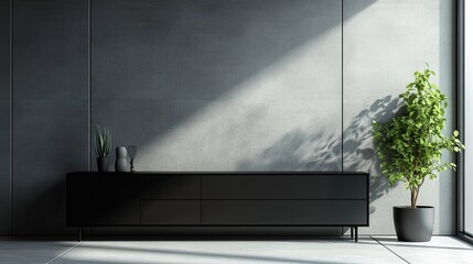 A modern bedroom featuring a black dresser with minimalist decor, set against concrete tiled paneling. Ample copy space for text or promotional content.