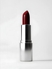 Elegant Crimson Lipstick Tube in Matte Metallic Casing Isolated on Pristine White Background