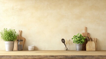 A rustic kitchen with a wooden countertop, vintage utensils, and a few potted herbs adding a touch of greenery. The walls are painted in a soft, neutral color, creating a warm and inviting