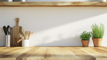 A rustic kitchen with a wooden countertop, vintage utensils, and a few potted herbs adding a touch of greenery. The walls are painted in a soft, neutral color, creating a warm and inviting