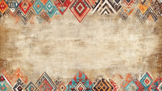 A rustic Southwestern-style wall with a textured adobe finish and decorative Native American patterns along the border. The patterns are geometric and abstract, featuring a mix of earthy tones like