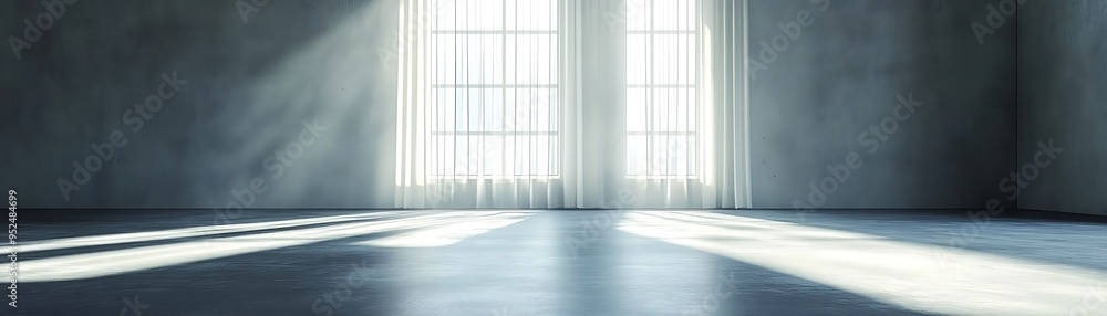 Poster sunlight streaming through window in empty room - 3d illustration