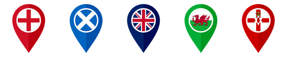 map pin icon of england, scotland, union jack, wales and northern ireland flags. vector illustration isolated on white background