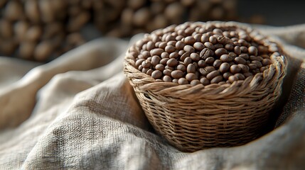 Obraz premium Rustic Woven Basket Filled with Aromatic Coffee and Soybean Blend on Linen Cloth