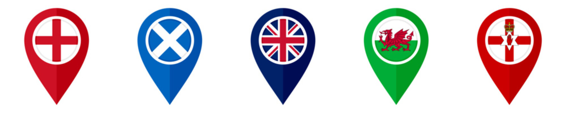 map pin icon of england, scotland, union jack, wales and northern ireland flags. vector illustration isolated on white background