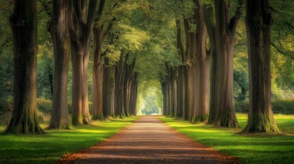 Naklejka premium A serene forest path with tall trees on either side, their branches forming a natural canopy overhead. The ground is covered with soft moss and fallen leaves, creating a peaceful and inviting