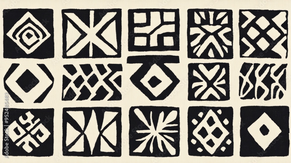 Poster a traditional african mudcloth design featuring geometric patterns in black and white. the patterns 