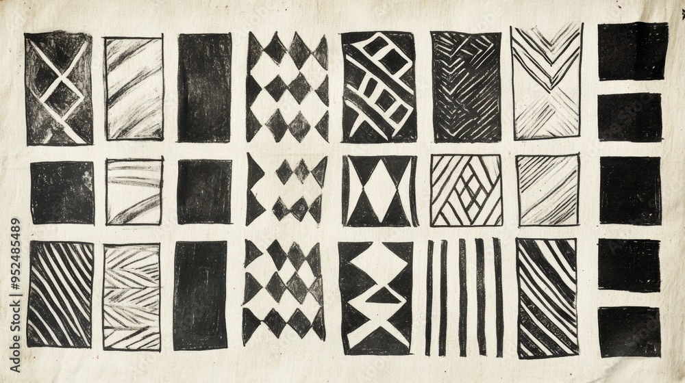 Poster a traditional african mudcloth design featuring geometric patterns in black and white. the patterns 